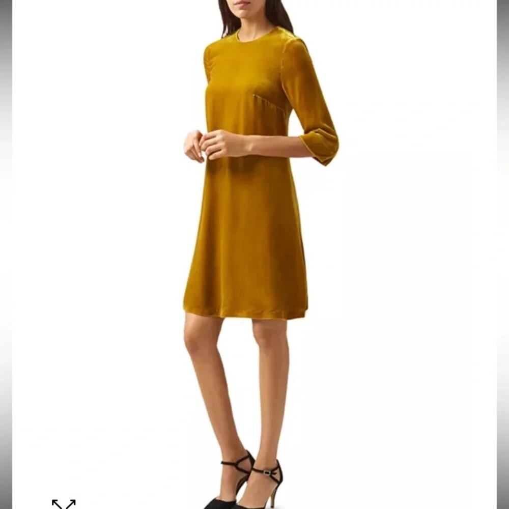 Hobbs London Velvet Dress Mustard Yellow Silk Blend Shift Cocktail US 8